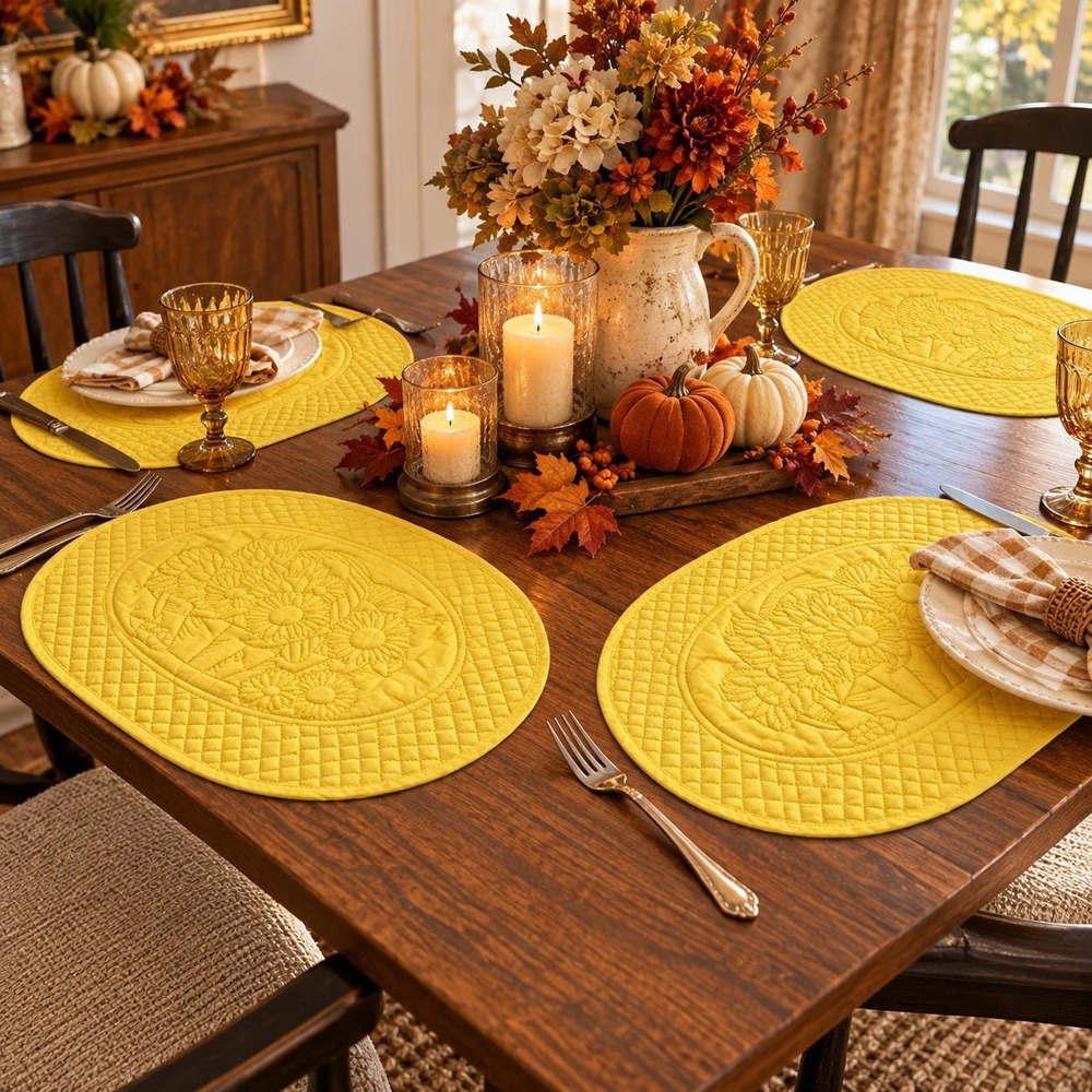 Vintage Yellow Quilted Placemats Set of 4 Floral Daisy Oval Table Mats Retro